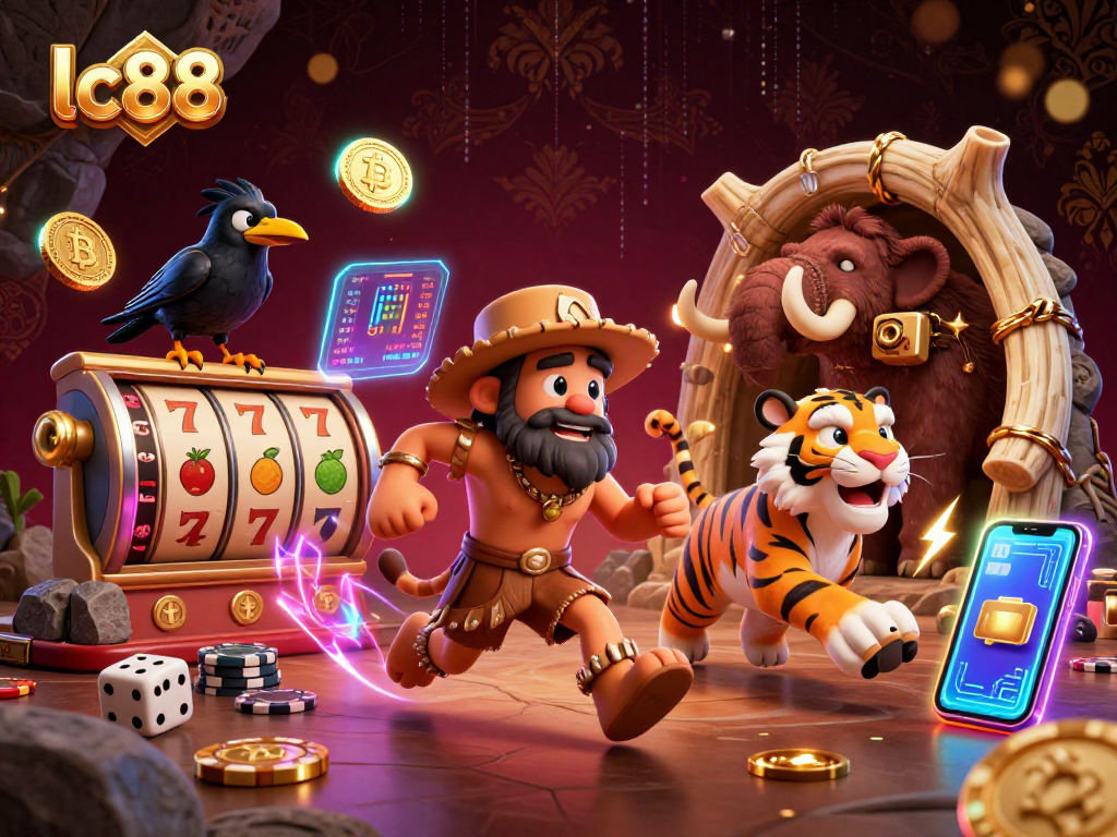 Engage with lc88 in a prehistoric casino scene showcasing vibrant slot games and crypto elements.