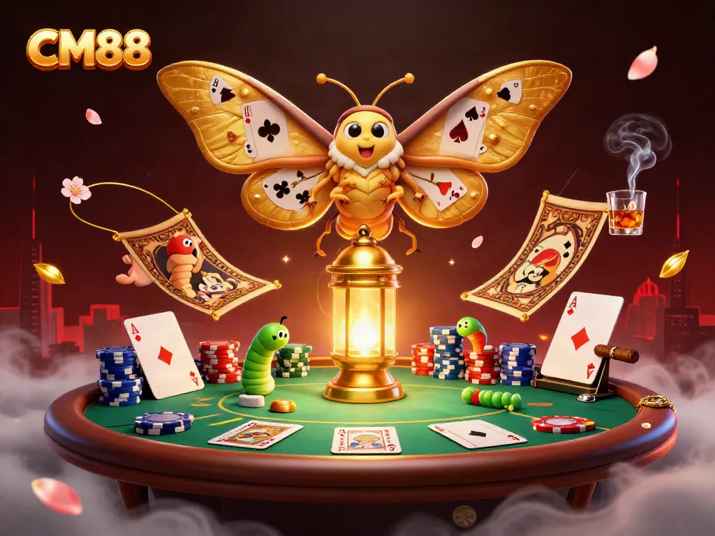 Experience the thrill of CM88 with dynamic casino elements and a majestic golden moth illustration.