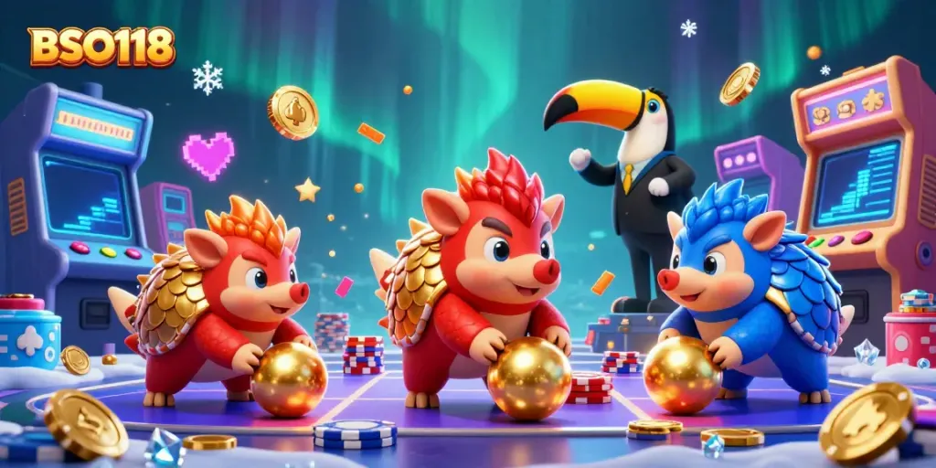 Experience BSO118 with thrilling pangolin rivalry, colorful arcade games, and captivating casino energy.