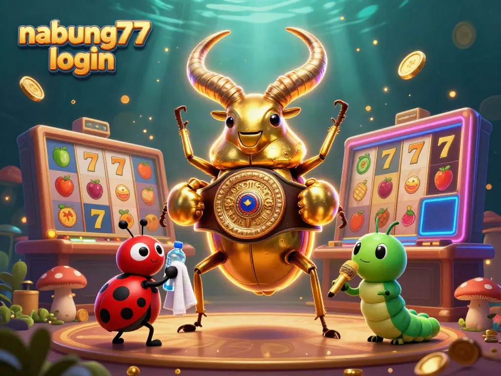 Engage in fun slots action with nabung77 login, showcasing a golden beetle boxing champion in a vibrant casino scene.