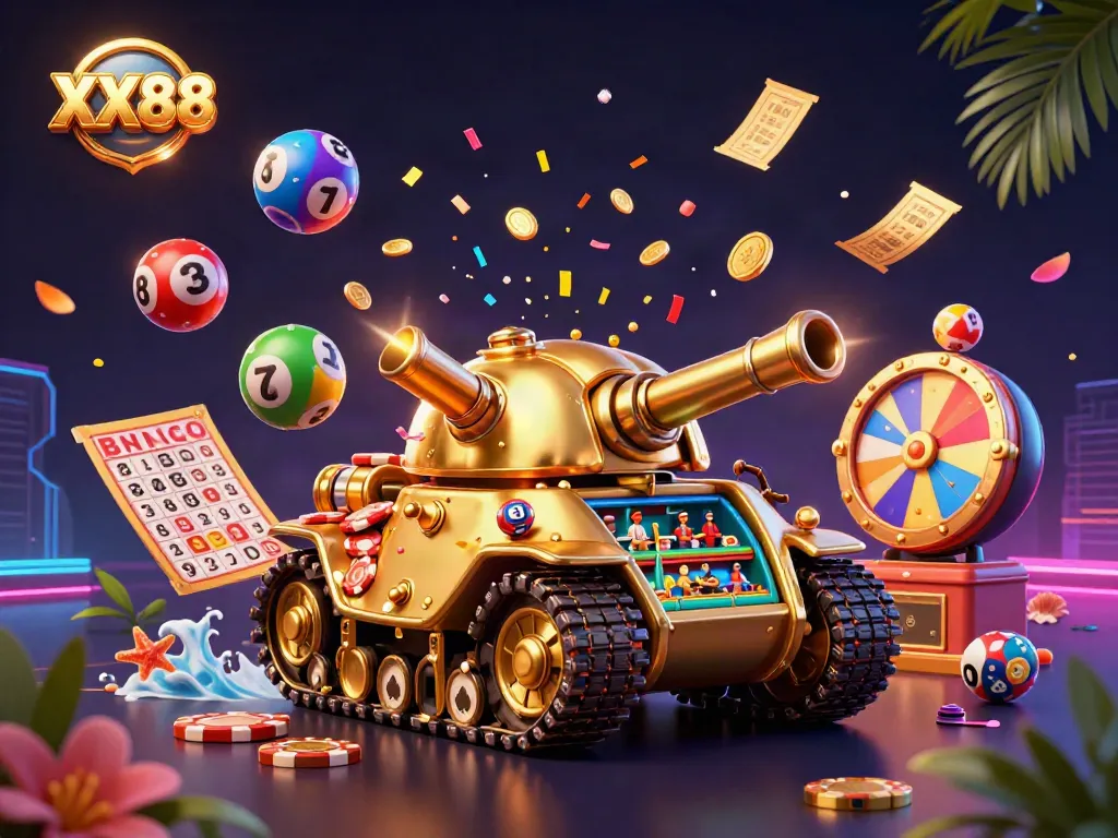 Experience the vibrant excitement of XX88's casino atmosphere with colorful elements and golden treasures.