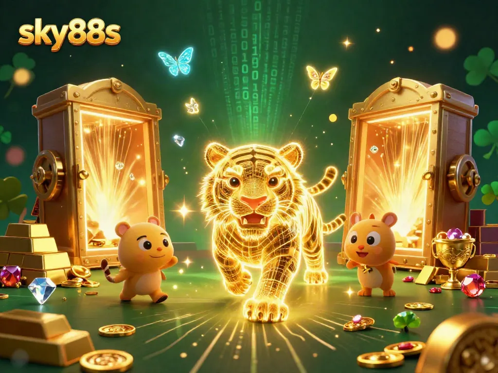 Experience thrilling gaming at sky88s with an electrifying tiger in a vibrant casino atmosphere.