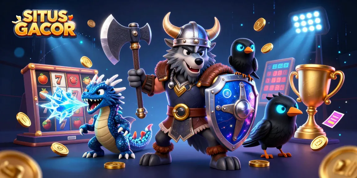 SITUS GACOR showcases a 3D Viking warrior with a dragon and raven, rich in casino symbols.