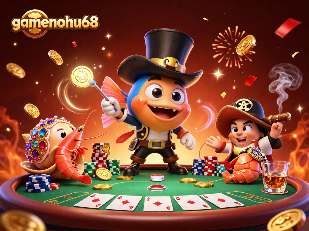 Engage with gamenohu68 through thrilling poker action featuring vibrant 3D characters and casino elements.