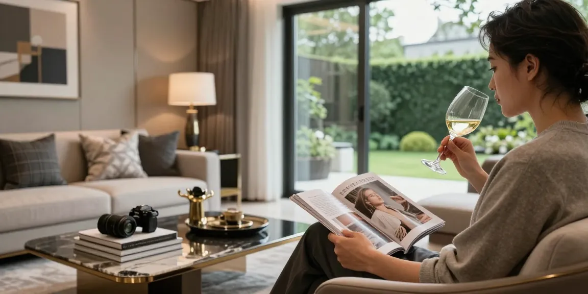 Detail kehidupan mewah di luxury111, individu menikmati anggur di ruang tamu modern yang elegan.
