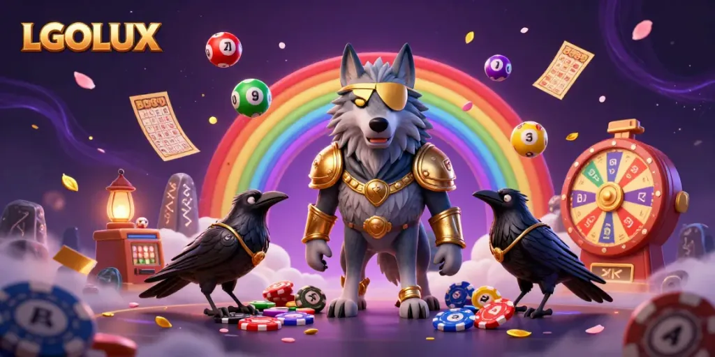Experience the excitement of LGOLUX with vibrant Norse mythology-inspired characters in a dynamic casino scene.