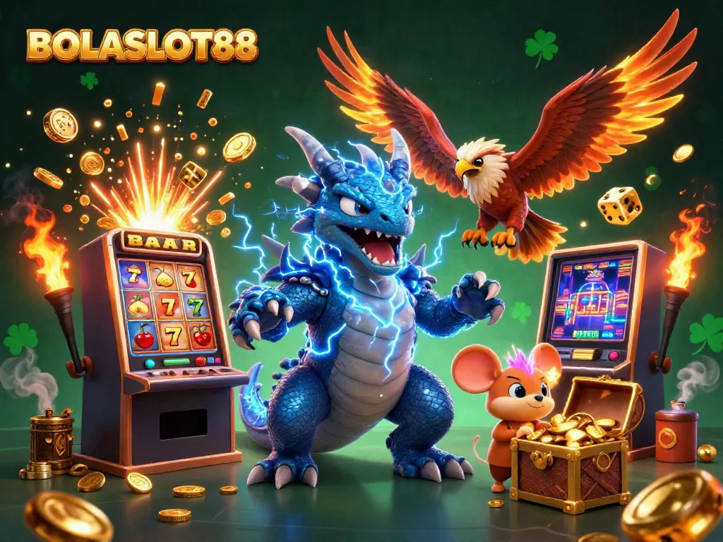 BOLASLOT88 showcases an electrifying illustration of a thunder dragon, wind hawk, and thunder mouse amidst a jackpot explosion.