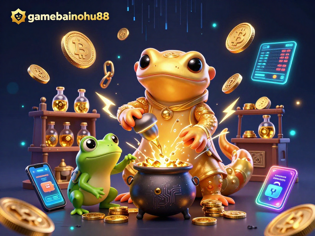 Engage with gamebainohu88, featuring an alchemist and frog in a vibrant casino-themed laboratory.
