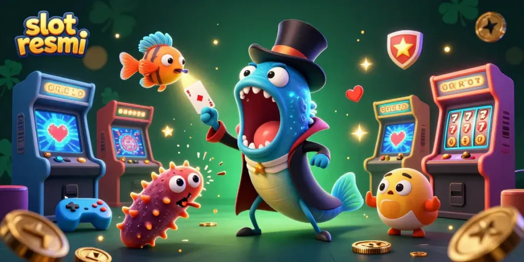 Mengalami keseruan bermain slot resmi dengan ilustrasi 3D kartun yang menampilkan ikan gulper, ikan pemancing, dan mentimun laut, dikelilingi mesin permainan arcade yang meriah.