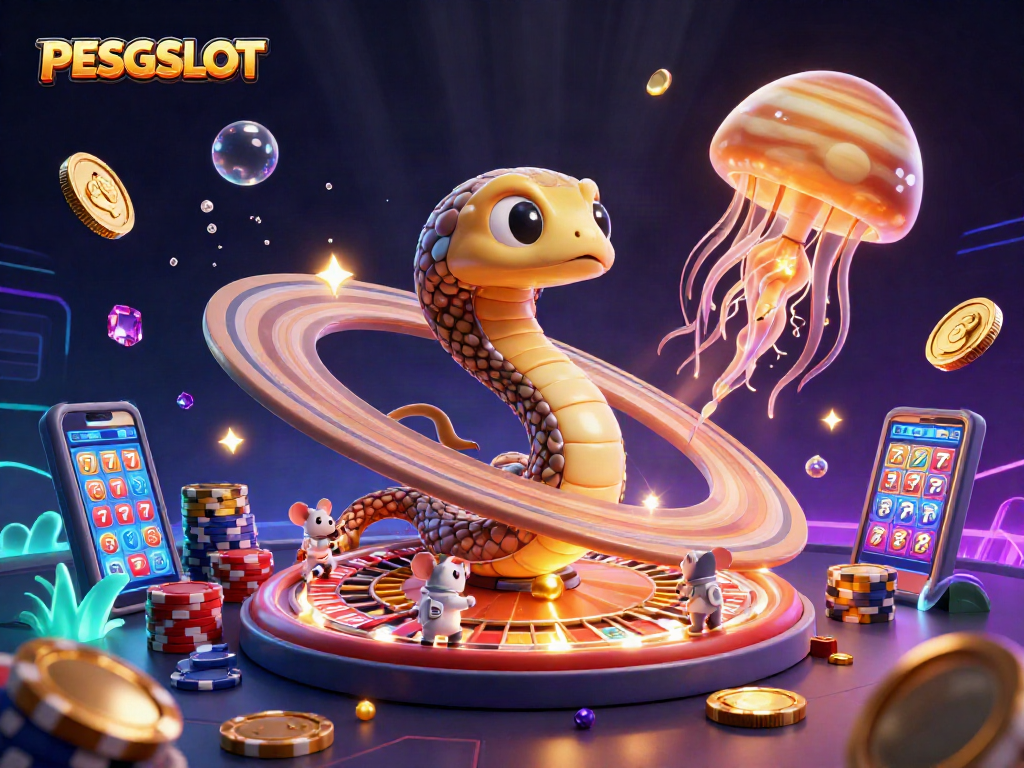 PESGSLOT showcases vibrant 3D galaxy casino scene with astronaut mice betting on roulette rings.