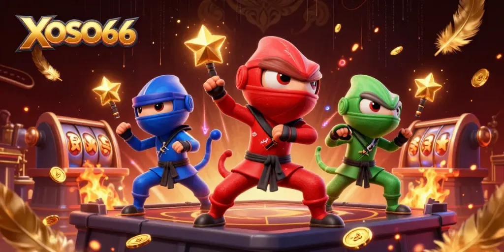XOSO66 ninja chameleon characters showcasing thrilling casino excitement with dynamic gaming elements.
