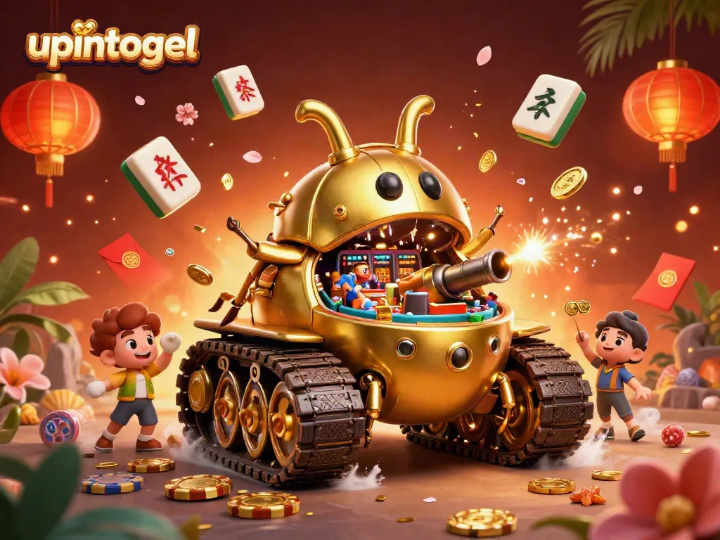 Gambar judi online upintogel dengan tank kartun emas yang berisi kasino mini dan berbagai elemen festival.