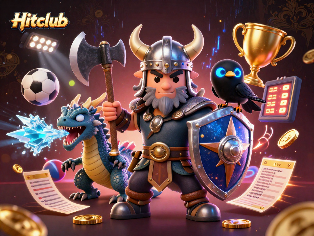 Experience the excitement of sports betting with Hitclub featuring a Viking wolf warrior and dynamic sports elements.