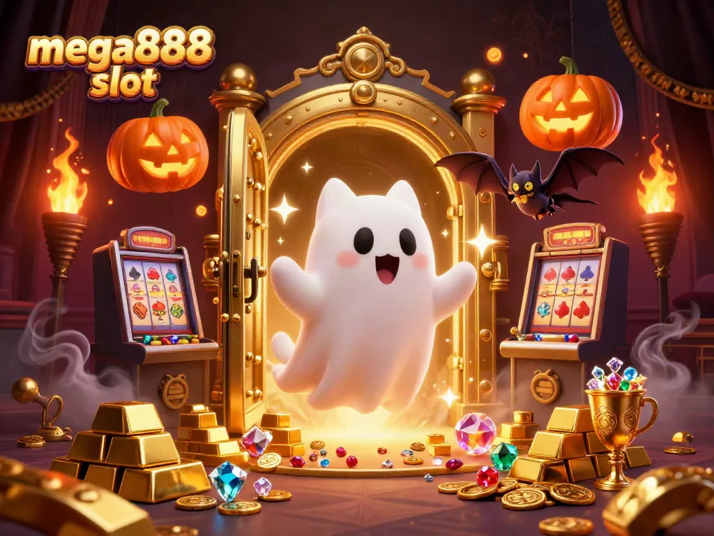 Engage in mega888 slot excitement with a ghost cat and bat amidst treasures in a haunted casino.