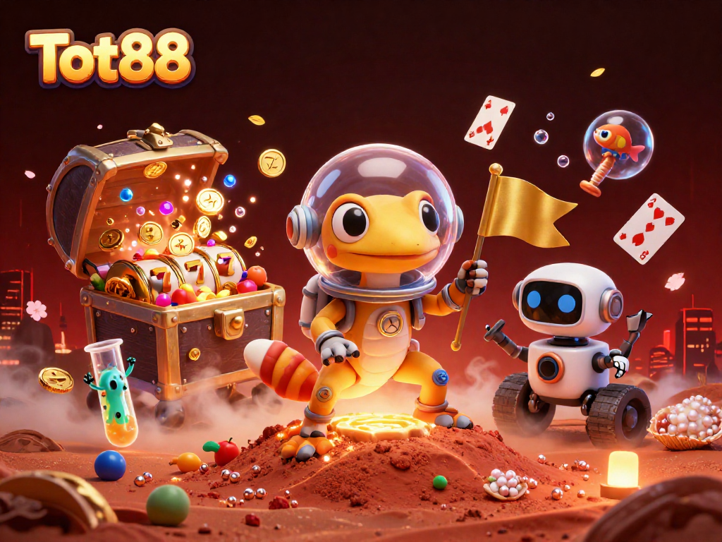 Engage with Tot88 in a vibrant Martian casino adventure featuring colorful game elements and dynamic characters.