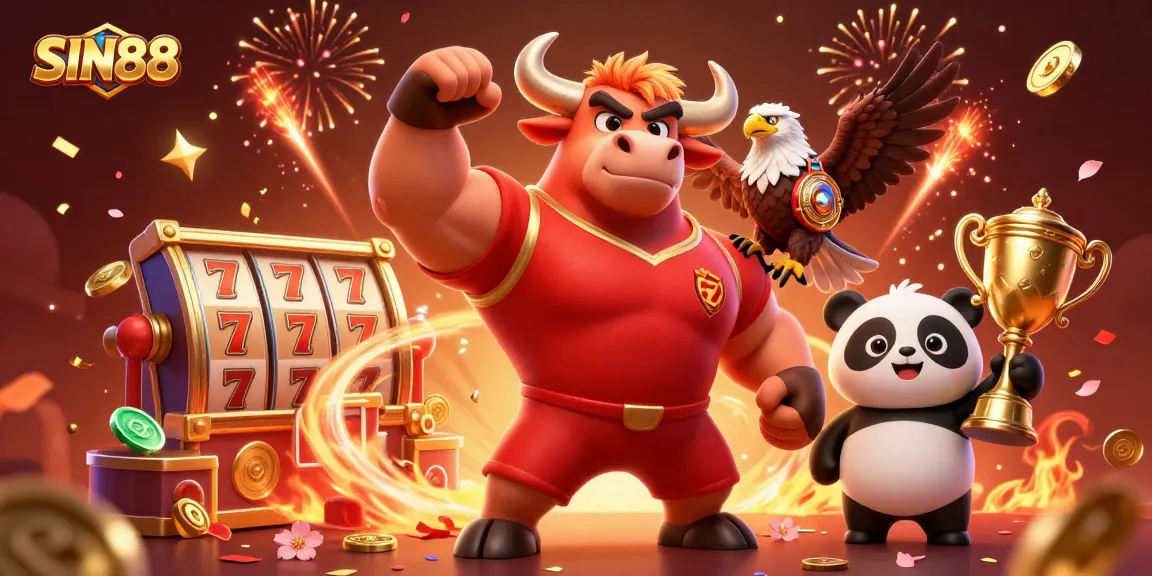 SIN88 features a triumphant bull mascot, eagle, and panda celebrating in a dynamic casino scene.