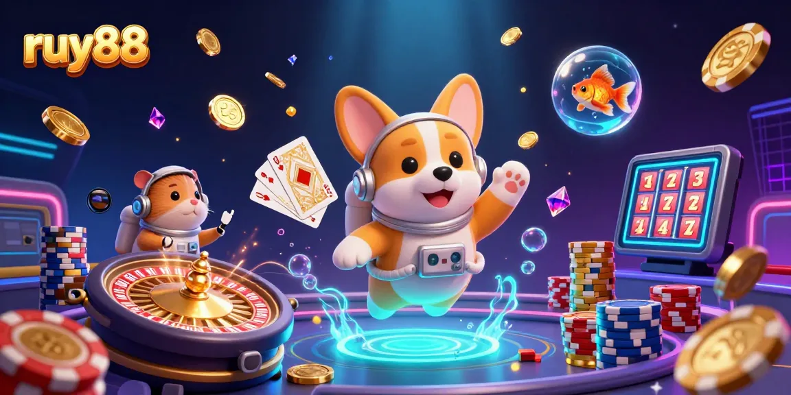 Engage with the ruy88 casino experience in a vibrant floating 3D scene filled with excitement.