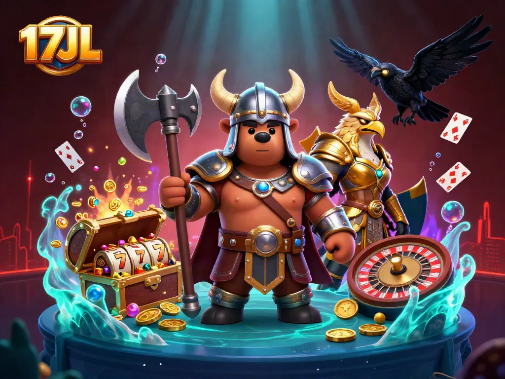 Engage with exciting 17JL casino elements featuring a Viking bear, Valkyrie eagle, and gold gaming treasures.