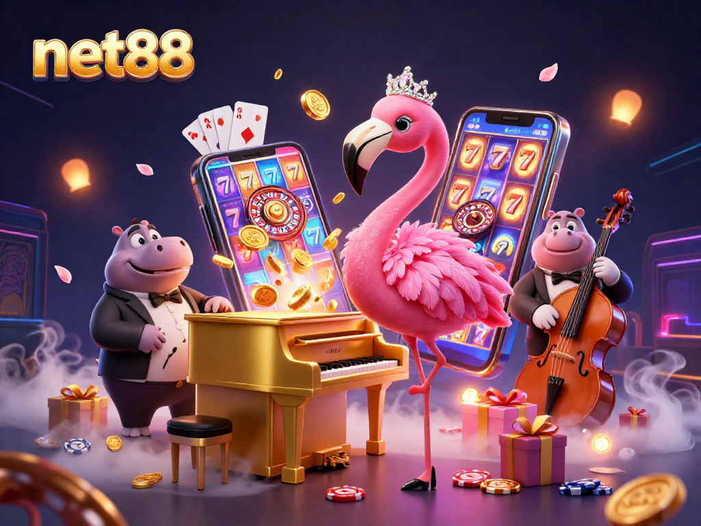 Spin and win exciting games at net88 with a vibrant 3D casino scene featuring flamingo and hippo!