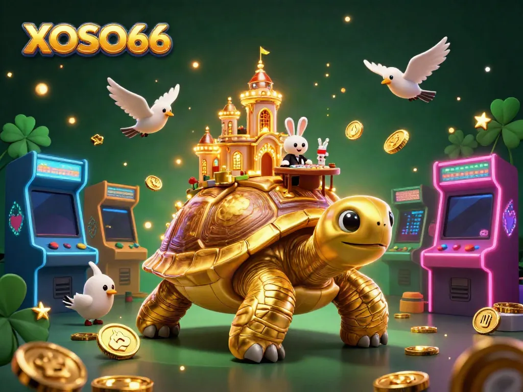 Experience XOSO66’s thrilling atmosphere with a giant tortoise casino and a rabbit dealer amidst floating golden coins.