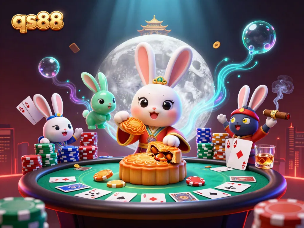 Qs88 reveals hidden poker chips from mooncakes, illustrating a vibrant casino scene.