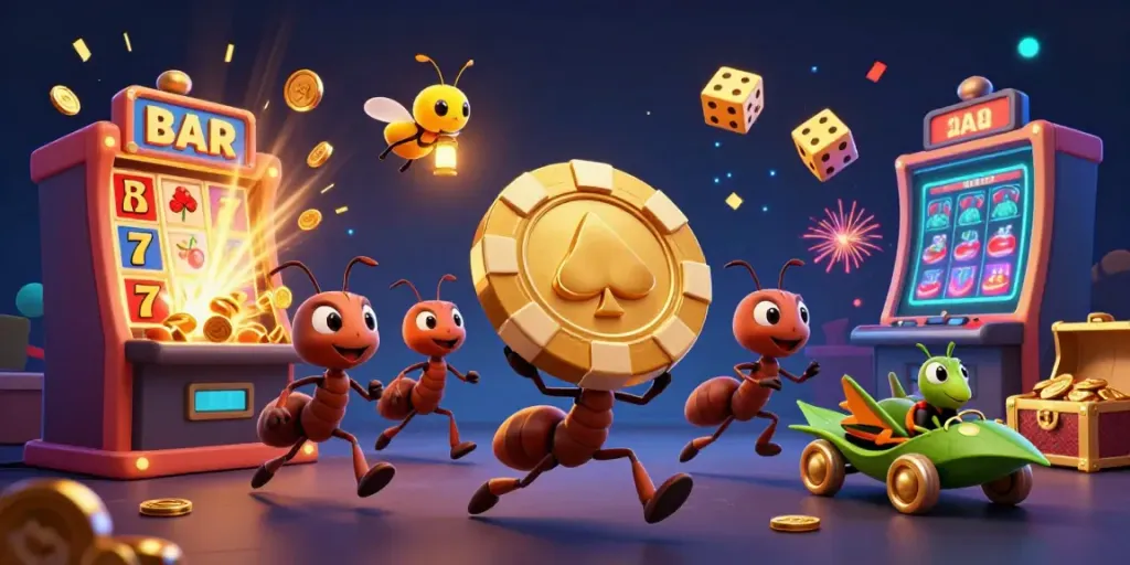Join the thrilling adventure of bayar77 as animated ants seize golden poker chips in a vibrant casino heist.