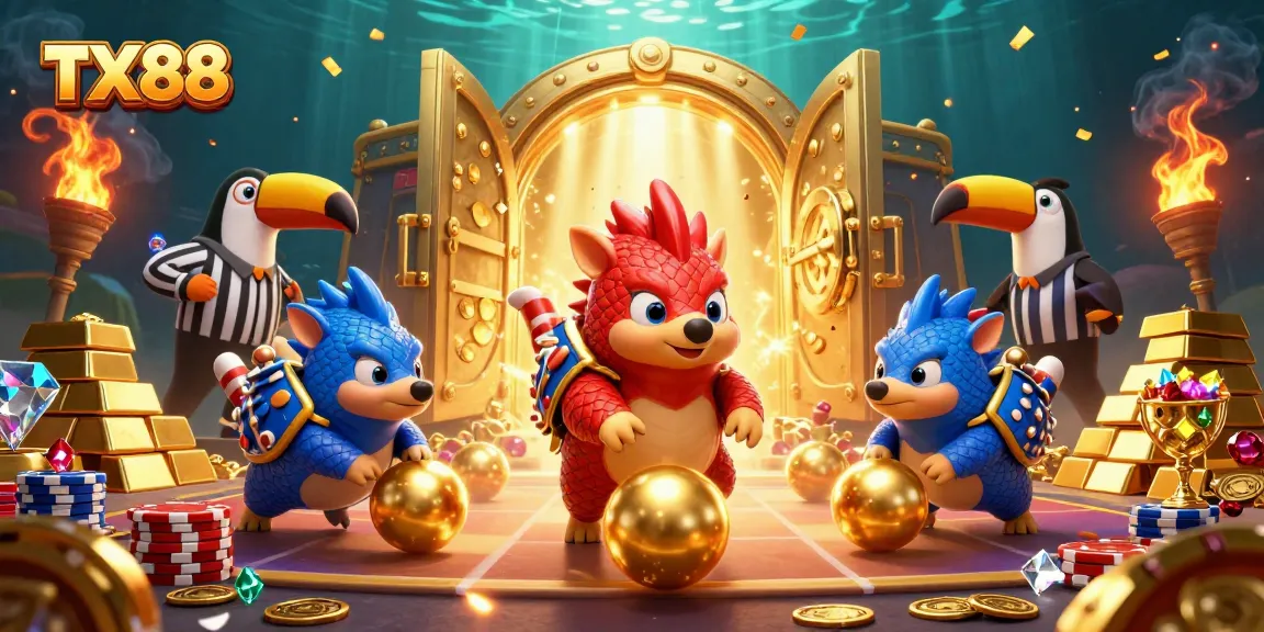 Engage in thrilling action at TX88 with vibrant pangolins bowling through poker chips in a festive casino scene.