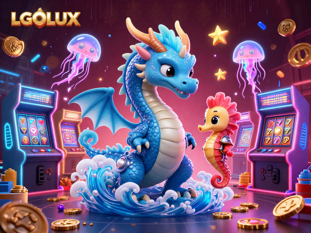 Engage with LGOLUX's vibrant casino scene featuring a water dragon, seahorse knight, and neon elements.