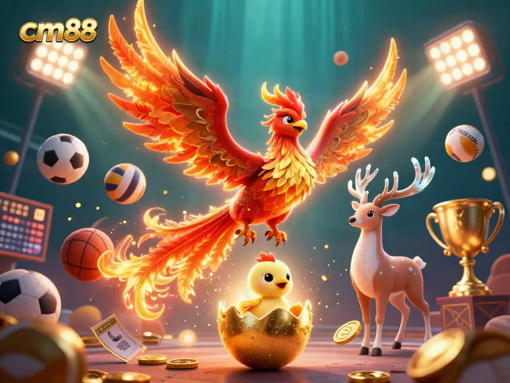 Engage with cm88 through a vibrant 3D illustration featuring a soaring phoenix, sports elements, and dynamic action.
