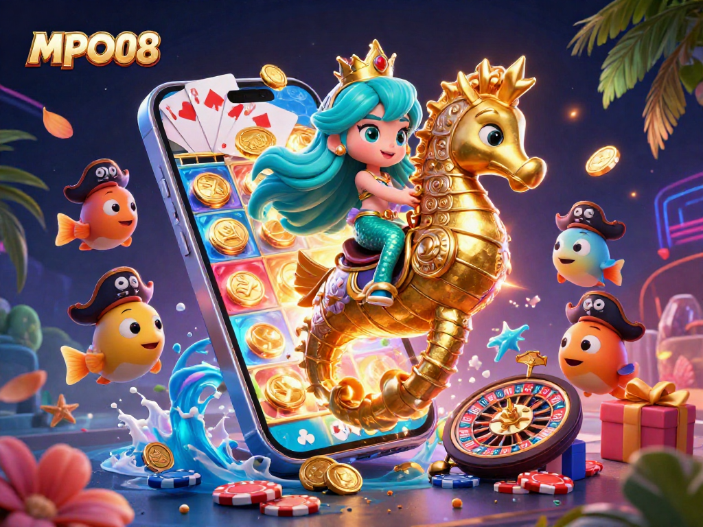 Experience the thrill of MPO08 slots with a vibrant mermaid riding a golden seahorse amid dazzling game elements.
