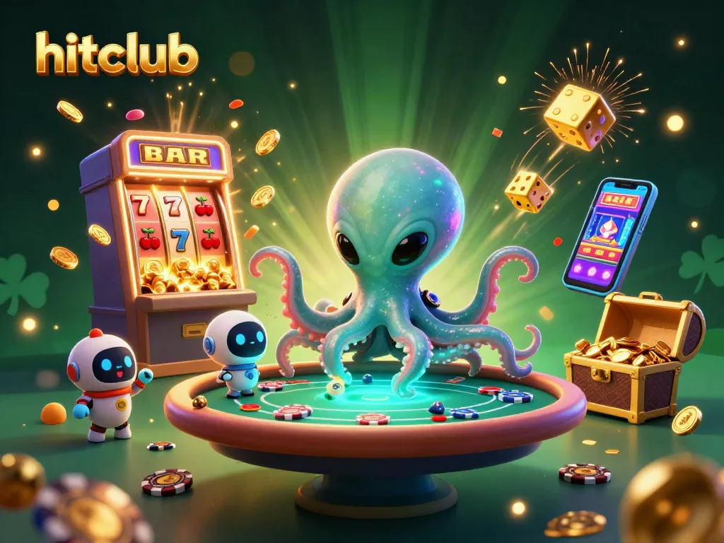 Engage in thrilling action at hitclub with an octopus dealer at a holographic poker table.