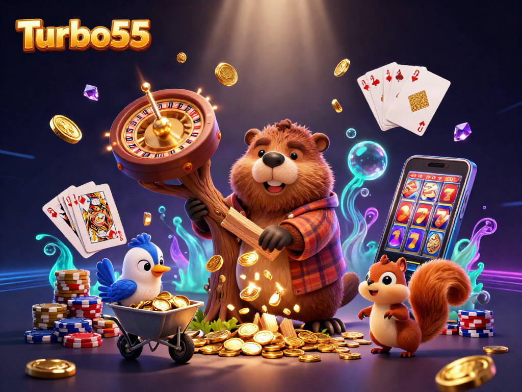Turbo55 brings excitement with golden coins raining down in a vibrant casino scene.