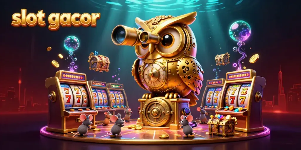 Engage in slot gacor excitement with a bustling casino scene featuring a whimsical clockwork owl and vibrant slot machines.