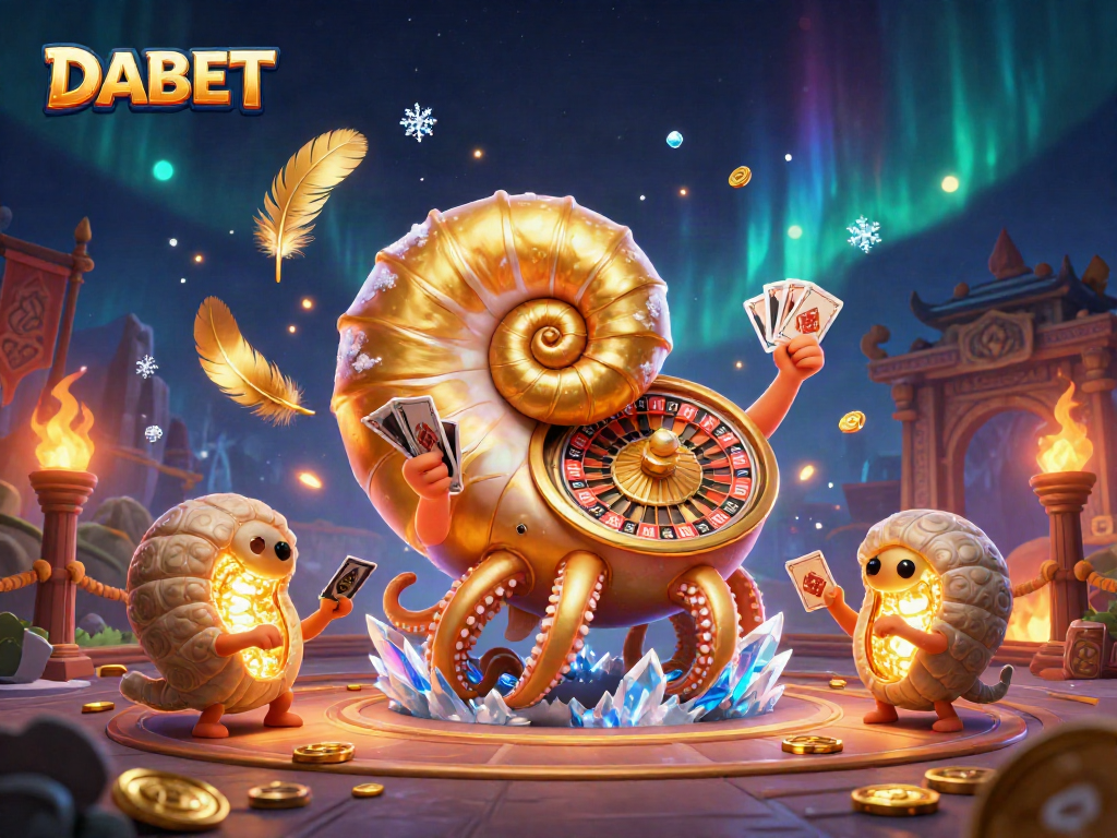 DABET showcases vibrant gameplay with a giant nautilus roulette, dynamic party atmosphere, and rich casino ambiance.