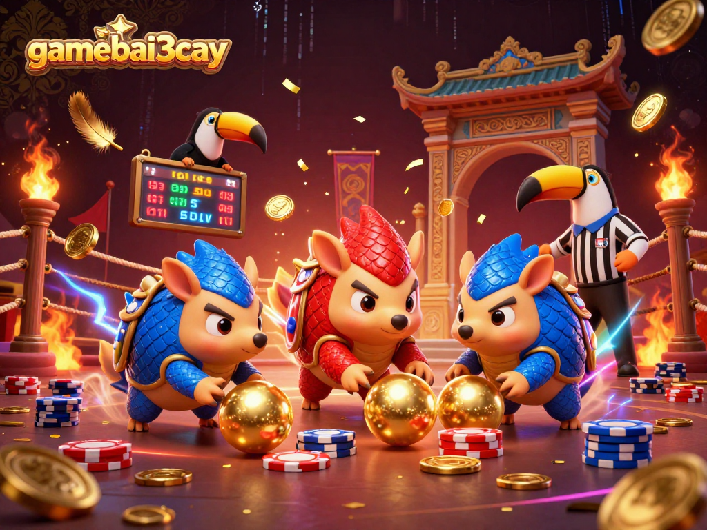gamebai3cay features vibrant pangolins in a carnival of poker chips and golden coins.