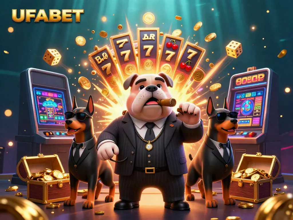UFABET showcases thrilling casino action with characters amidst a slot machine jackpot explosion.