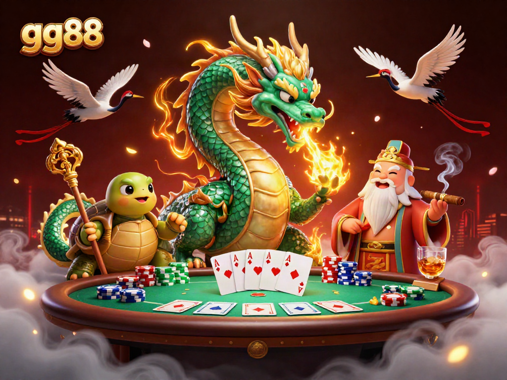 Vibrant 3D illustration representing gg88 with a dragon, sage, and cranes in an engaging casino scene.