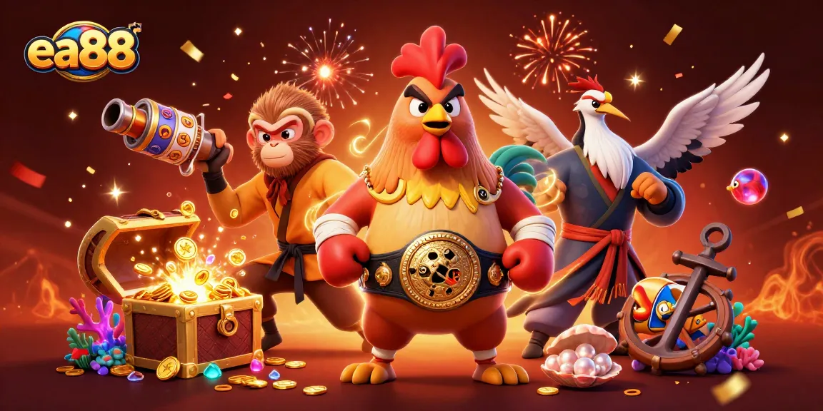 Experience the excitement of ea88 with a dynamic scene of casino-themed characters and sparkling treasures.