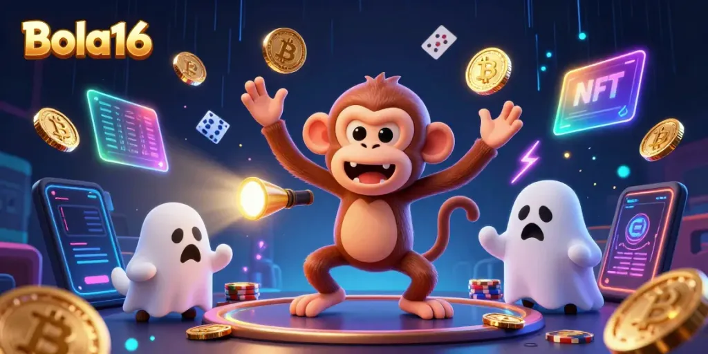 Bola16 features a playful poltergeist monkey juggling coins and cards in a haunted casino.