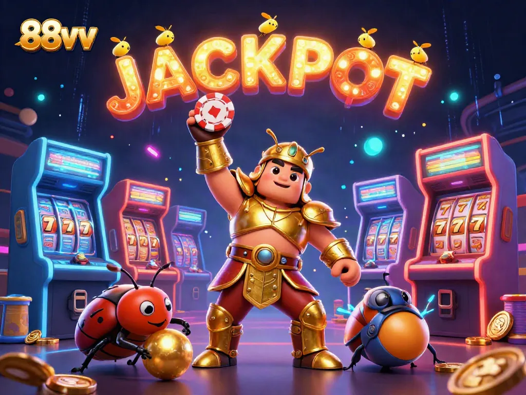 88vv brings a vibrant casino atmosphere alive with a victorious beetle lifting a poker chip amidst colorful game machines.