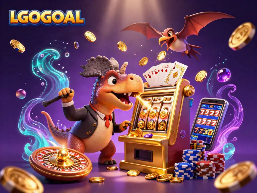 Experience the thrilling action at LGOGOAL with a dinosaur jackpot scene filled with gold coins and game elements.