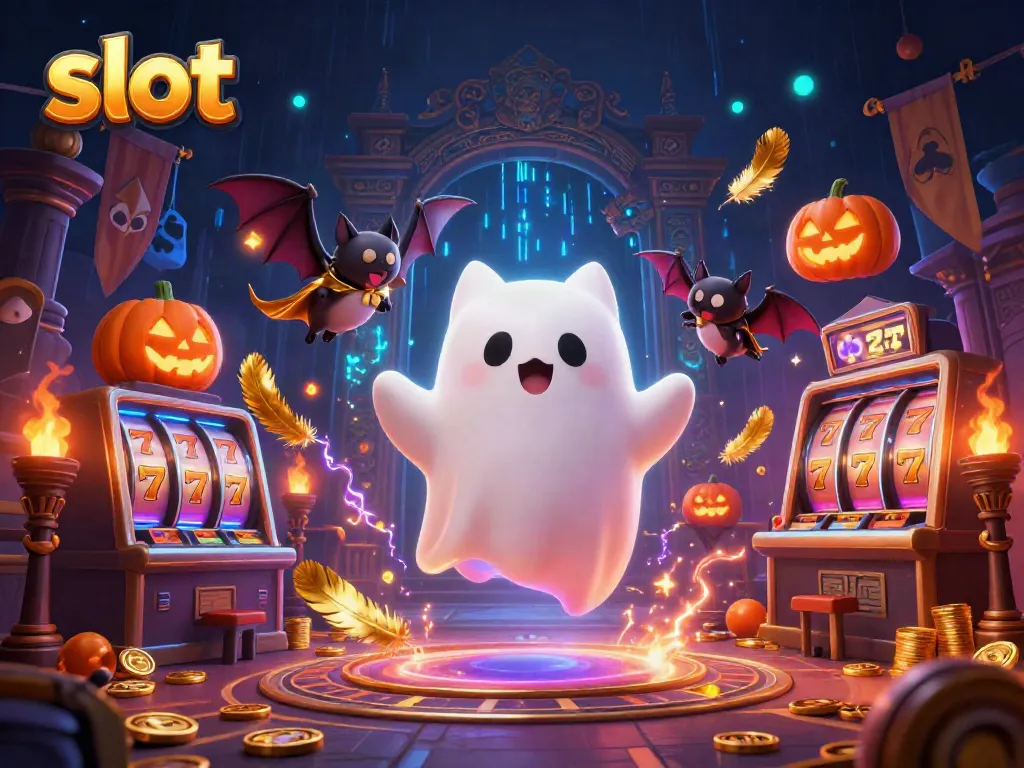 Engaging slot illustration featuring ghost cat, vampire bat, and glowing jack-o-lanterns.