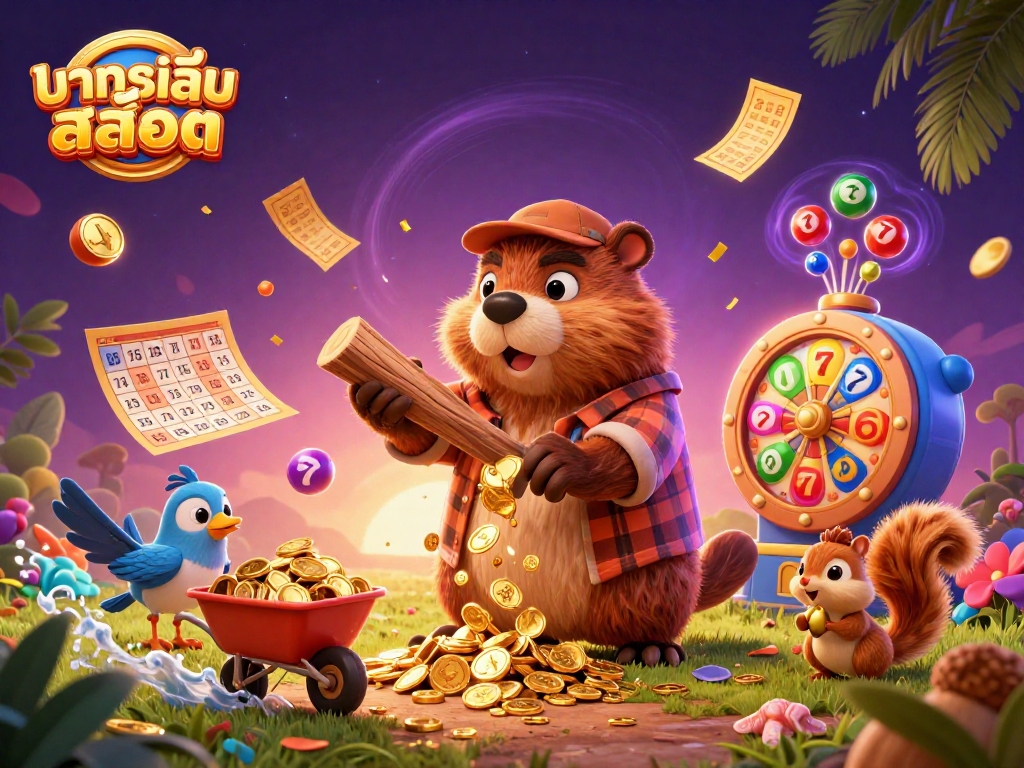 Experience exciting ทดลองเล่นสล็อต action with a beaver and friends in a vibrant casino-themed illustration.