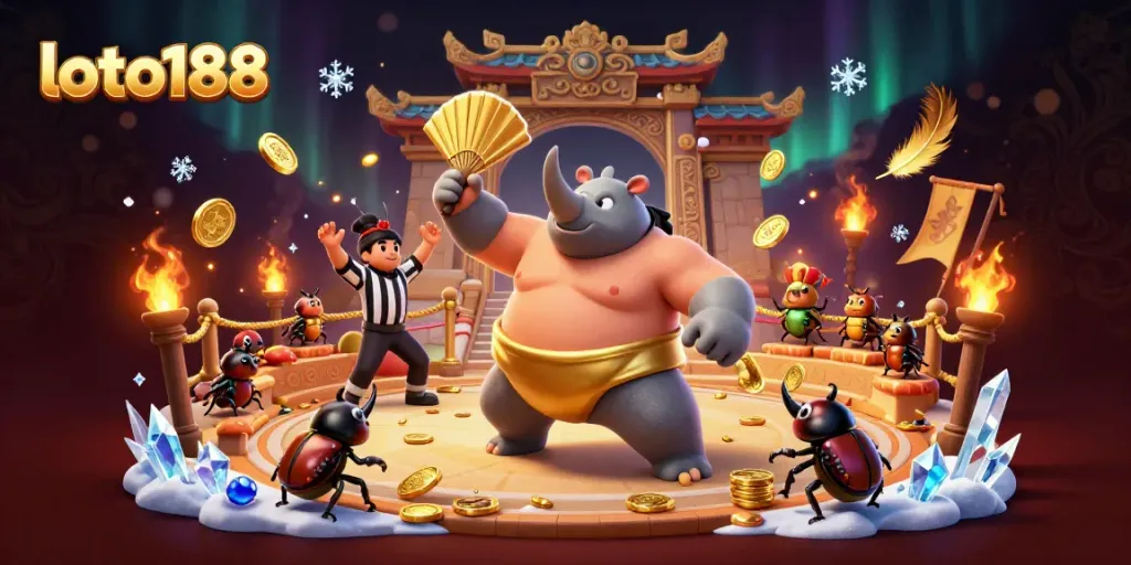 Watch the loto188 champion beetle stomp, sending coins flying in this vibrant 3D casino scene.