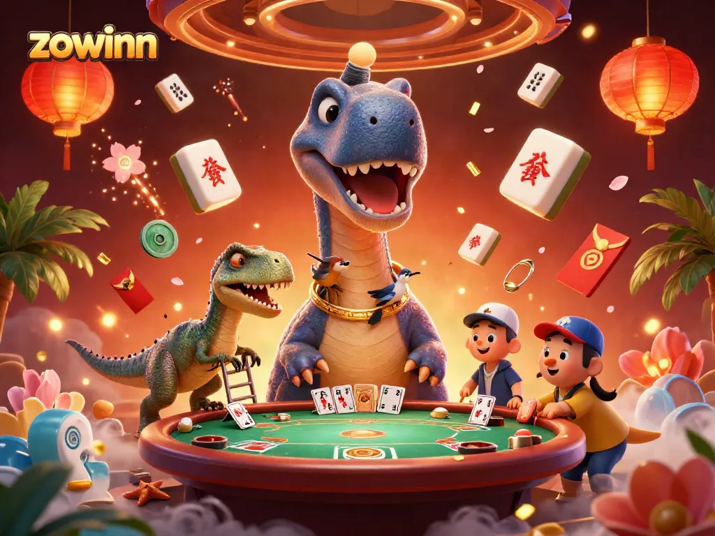 Experience the thrill of zowinn with a massive brontosaurus in a lively casino scene.