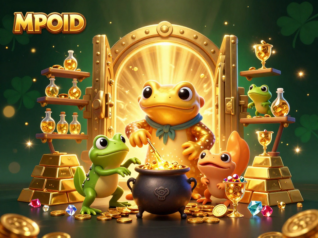 MPOID offers a golden gambling experience with enchanting alchemy and treasure-filled scene.