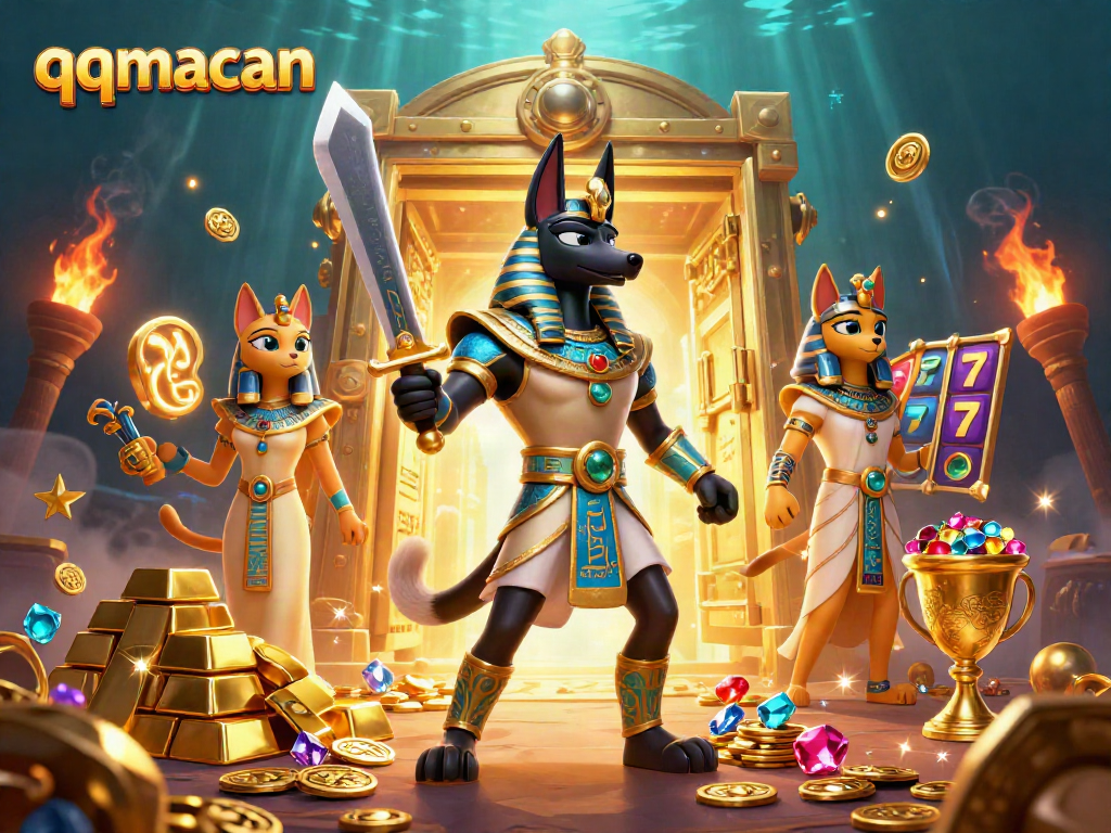 Experience excitement at qqmacan with Anubis and Bastet amid sparkling slot reels and treasure.