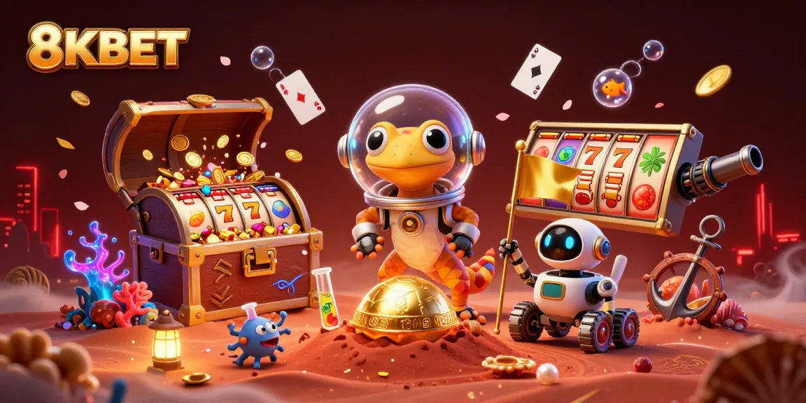 Engage with 8KBET's thrilling casino adventure showcasing a Martian gecko and treasures.