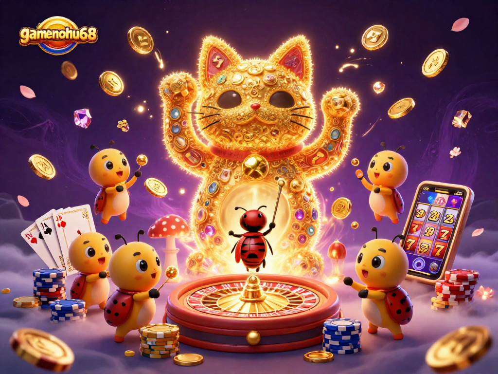 Experience gamenohu68's magical casino world with dynamic symbols, golden coins, and vibrant fireflies.