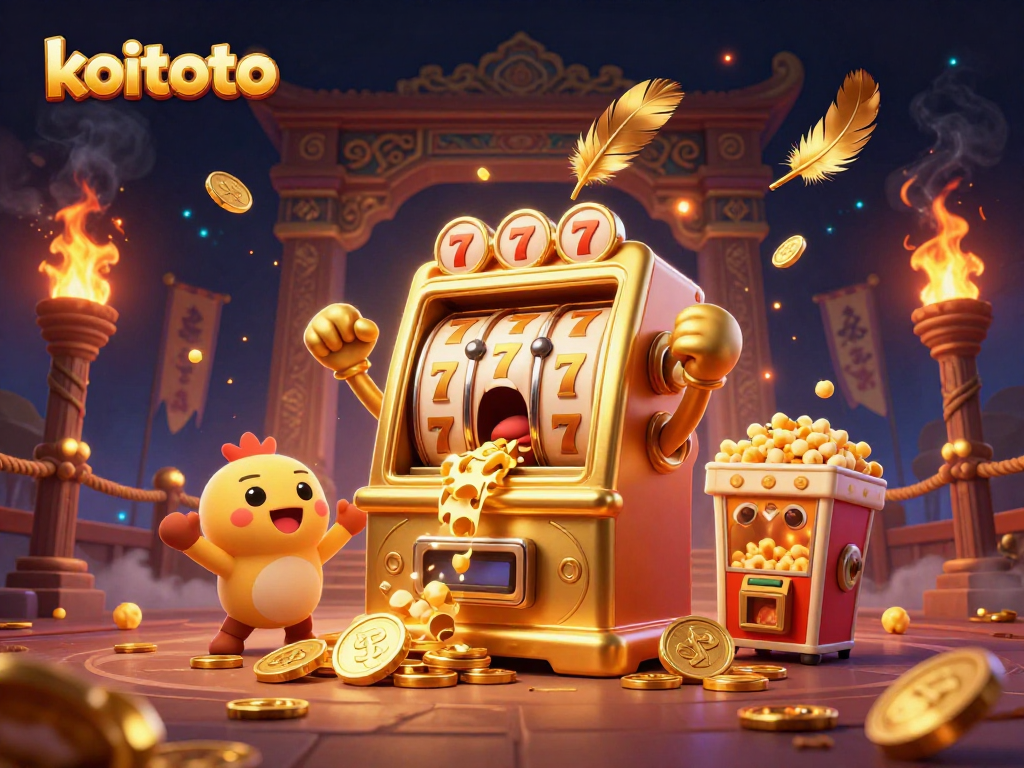 Koitoto menghadirkan mesin slot emas berkarakter dengan jackpot melimpah, dikelilingi fitur slot menggembirakan.